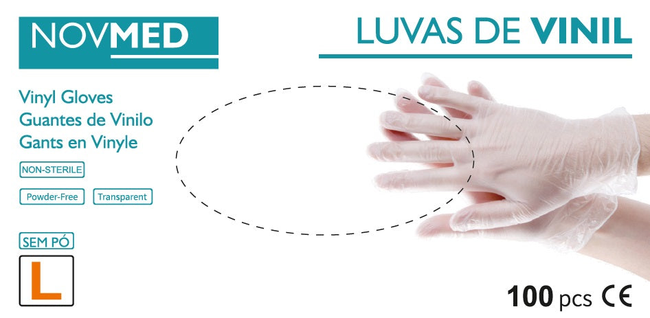Luva vinil transparente sem pó tamanho L (100un) - NOVMED
